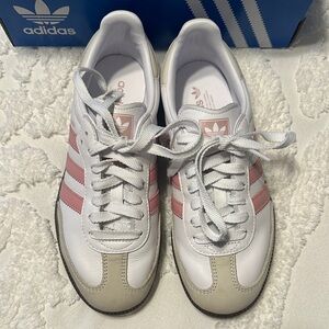Adidas Women's White and Pink Striped Sneakers